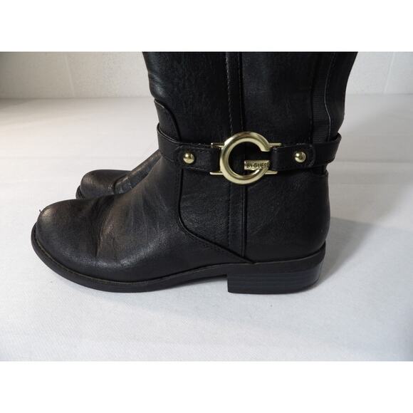 G by Guess Womens Tall Black Riding Boots 7M Faux Leather Logo Buckle Zip Moto - Picture 4 of 16